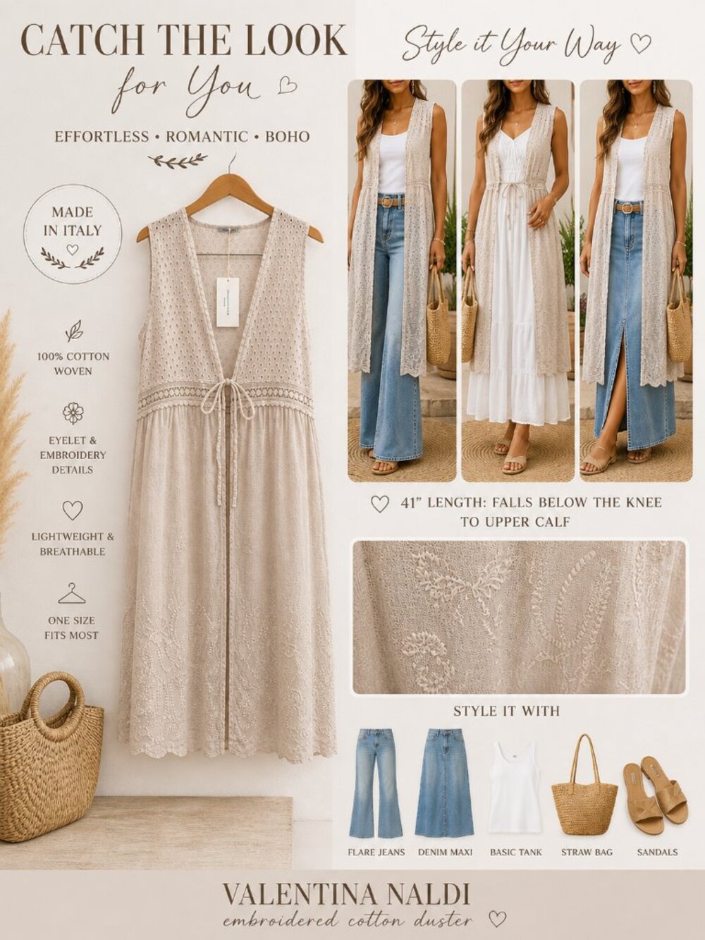 NWT Valentina Naldi Eyelet Cotton Duster Beige Italy One Size